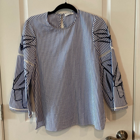 Tops - Blue Striped Blouse with Lace-Up Sleeves
